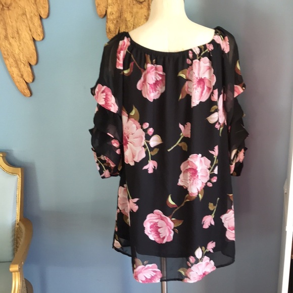 IJOAH black & pink floral chiffon mesh pullover 3/4 sleeves tunic/mini dress M - Picture 4 of 15